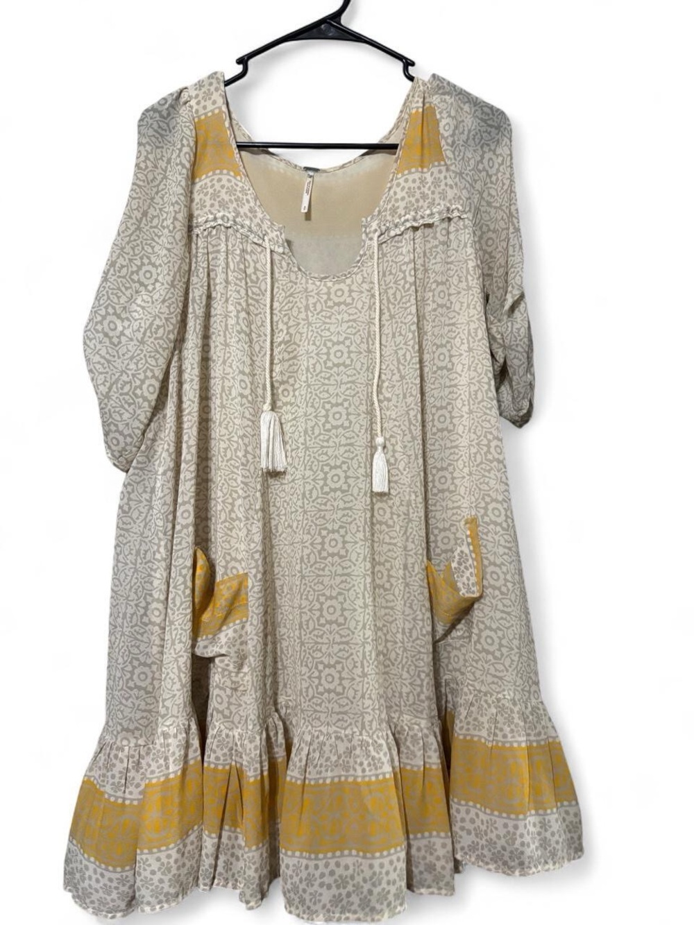 Free People Boho Tassel Split-Neck Dress in Beige and Mustard